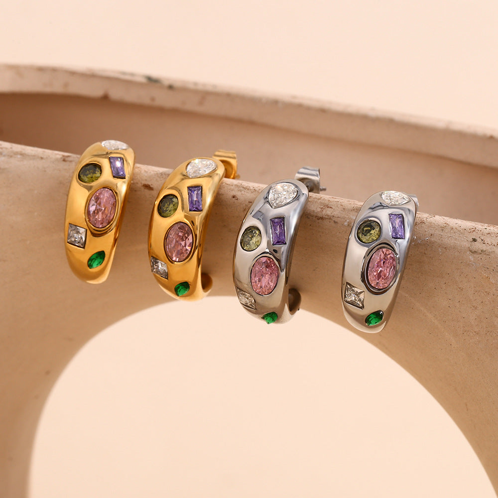 Ins Personality Micro-Inlaid Earrings Stainless Steel Plated 18K Gold Geometric Colored Zircon Moon Earrings