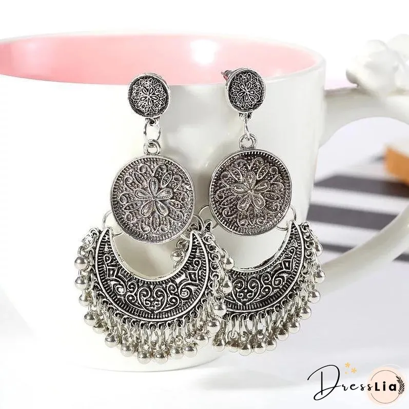 3 Colors Bohemian Indian Antique Moon Shape Carved Flower Tassels Earrings
