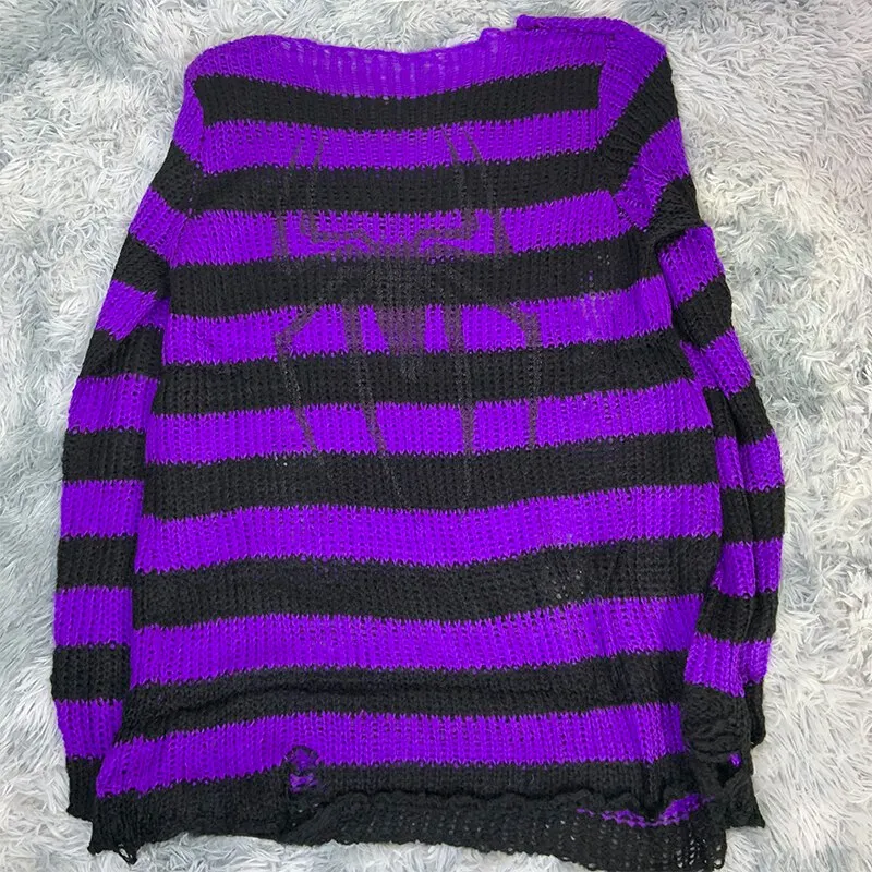 Plus Size Punk Gothic Long Unisex Sweater Dress Women Man Striped Cool Hollow Out Hole Broken Jumper Loose Rock Thin Sweter 2021