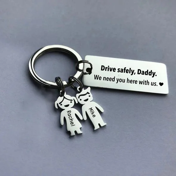 To My Dad 2 Kid Charms Keychain "Drive Safely, Daddy"