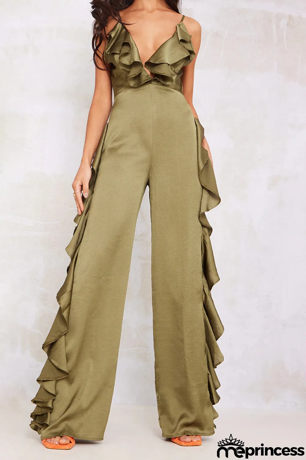 Sexy Casual Solid Backless Flounce V Neck Loose Jumpsuits