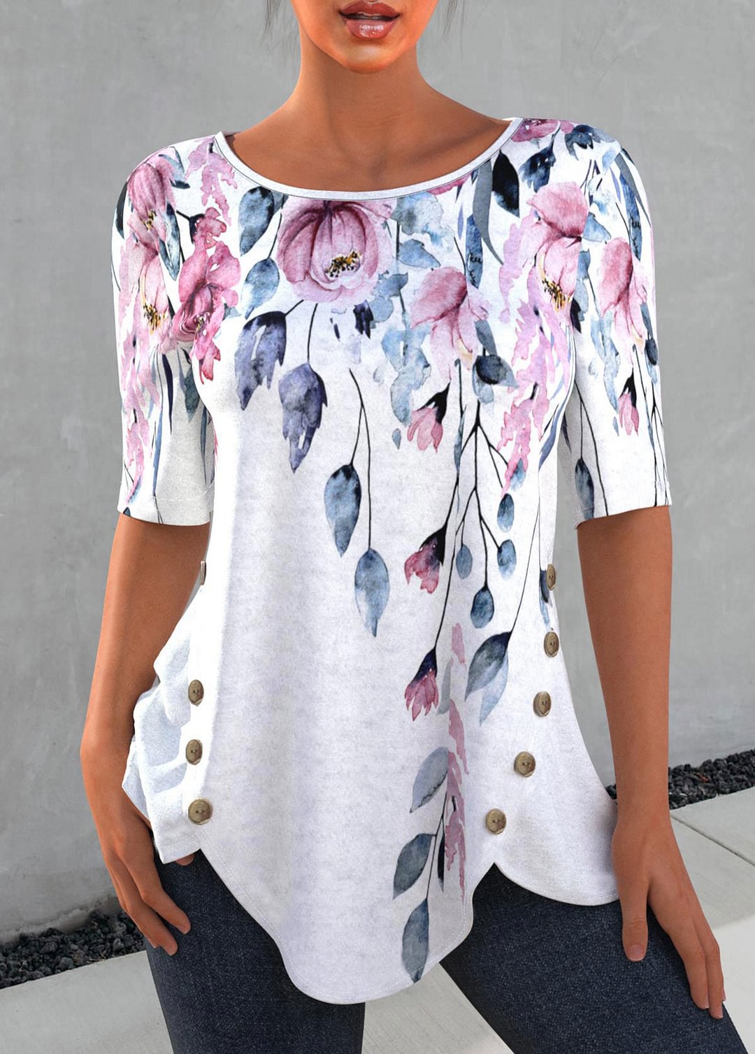 Decorative Button Floral Print Petal Hem T Shirt