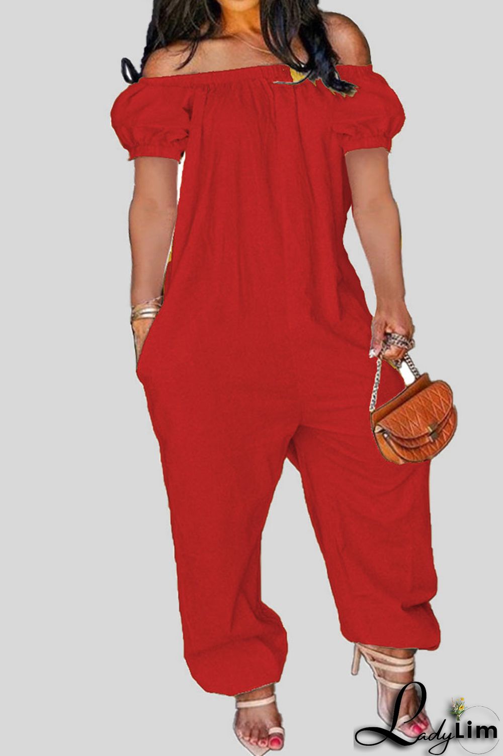 Tangerine Red Casual Solid Patchwork Off the Shoulder Loose Jumpsuits