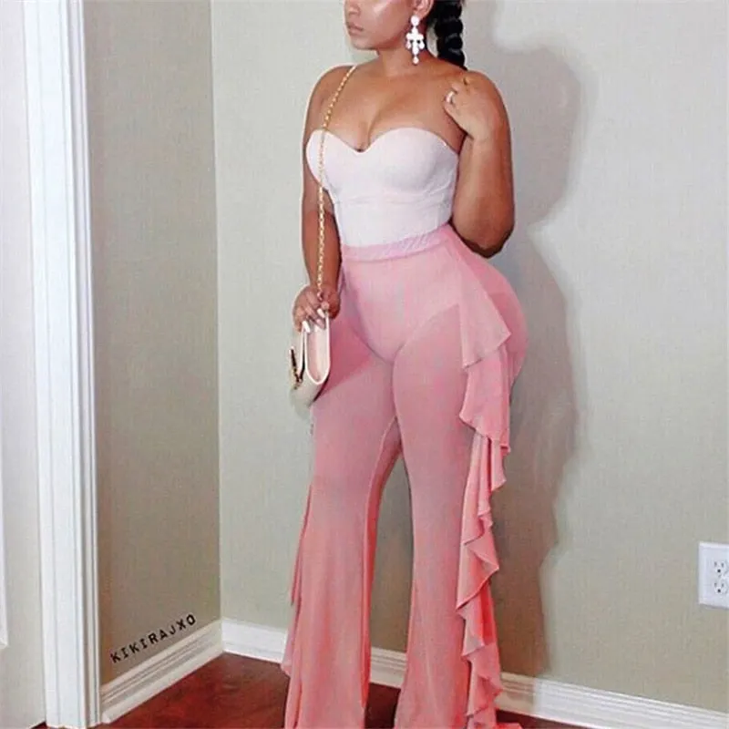 Women Beach Pants New Arrival Mesh Sheer Bikini Cover Up Transparent Ruffle High Waist Pants Long See Through Ladies Trousers