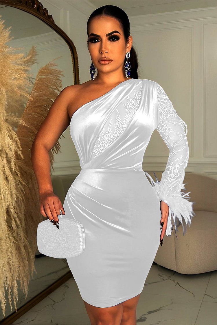 One Shoulder Rhinestone Feather Cuff Bodycon Cocktail Party Mini Dresses