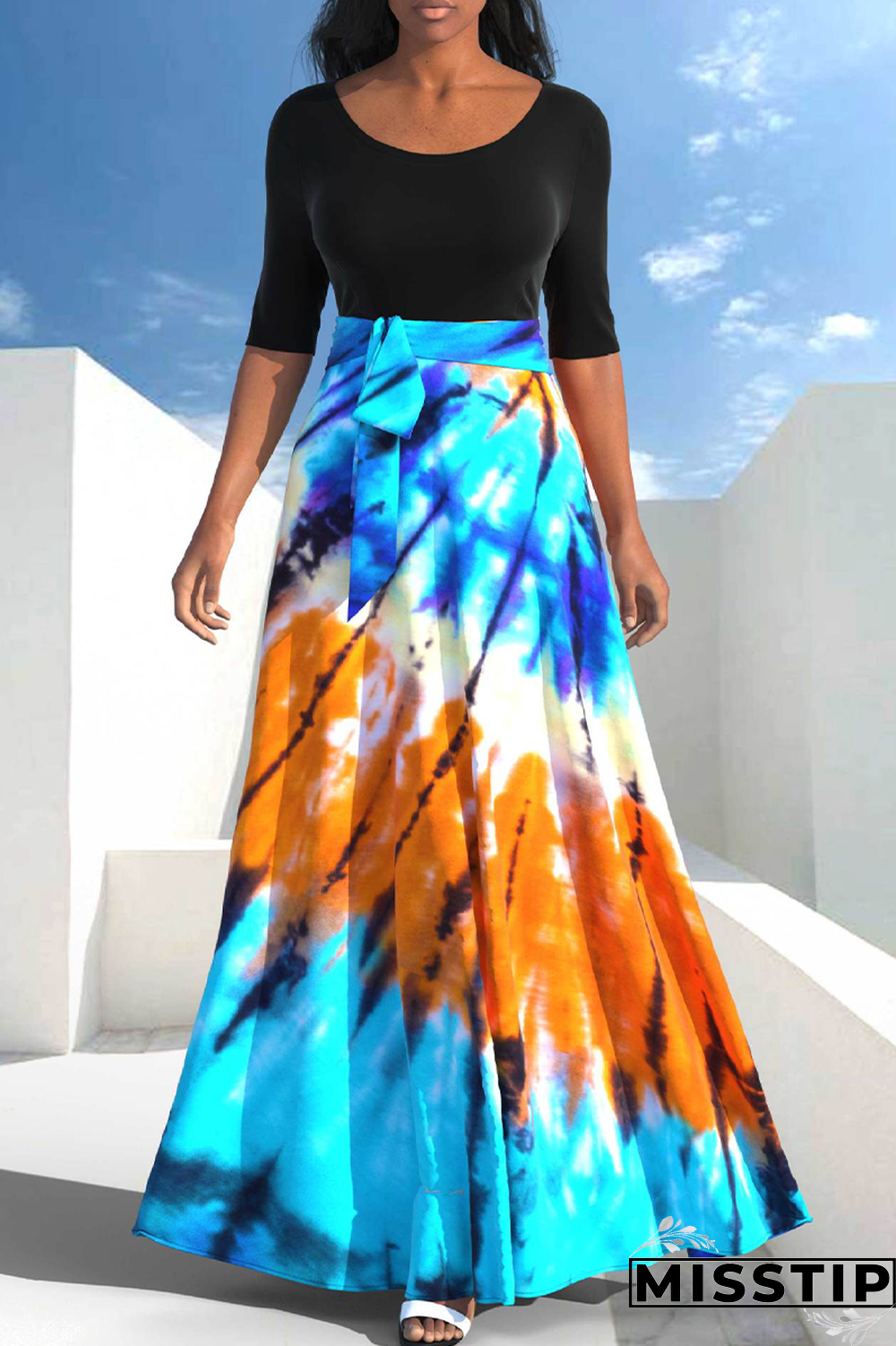 Blue Black Casual Patchwork Tie-dye O Neck Dresses