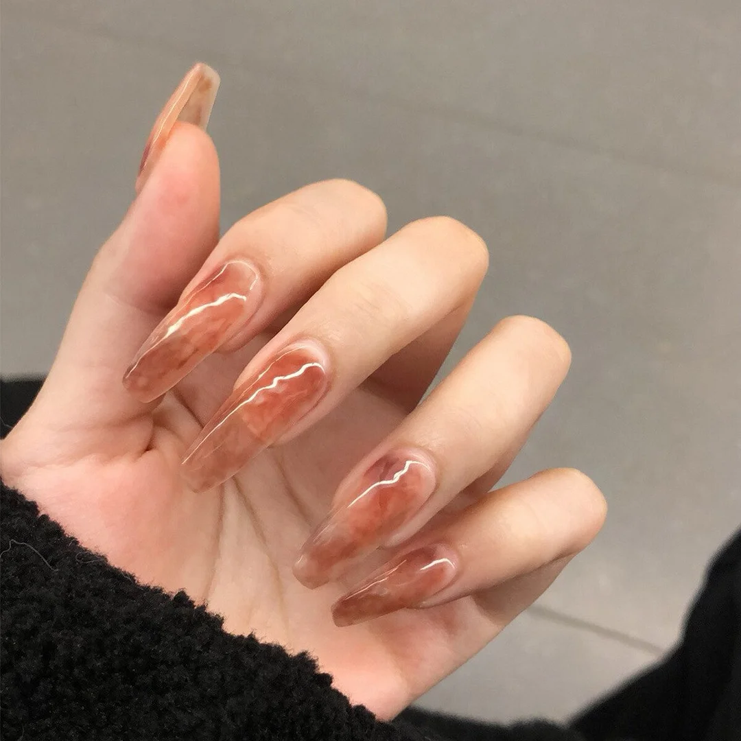 24pcs Gradient Amber Marble Texture Nails Art Long Trapezoid False Nails Wearable Fake Nails With Glue And Wearing Tools-Nail Inspo
