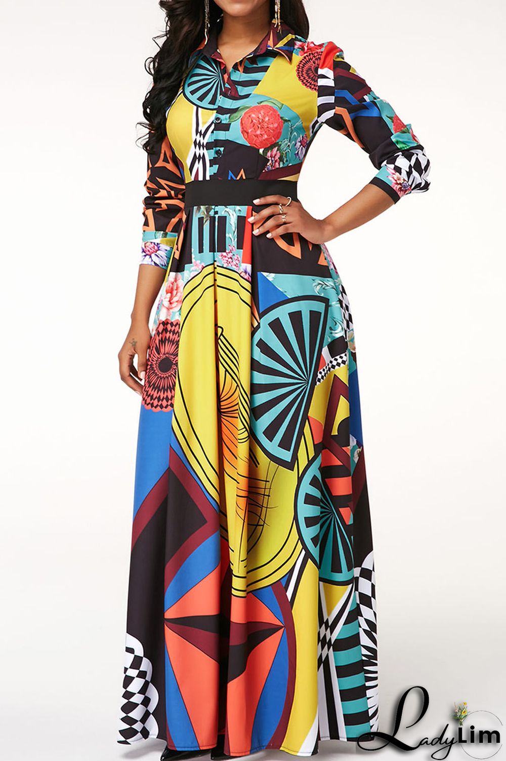 Colour Casual Print Patchwork Buckle Turndown Collar Dresses
