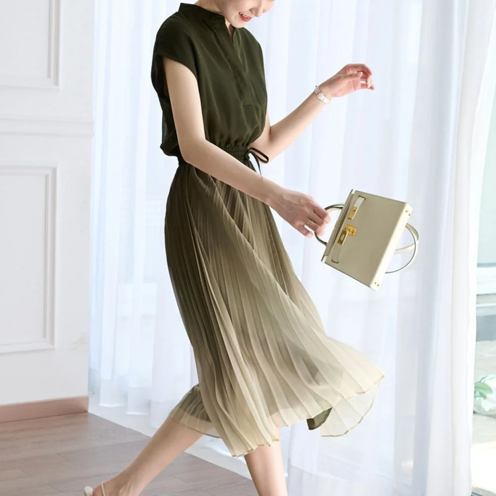 Women Summer 2021 Short Pleated Long Dress Elegant Long Dress Sleeve Ladies Fashion Pullover OL Korean Female Clothes New 15337