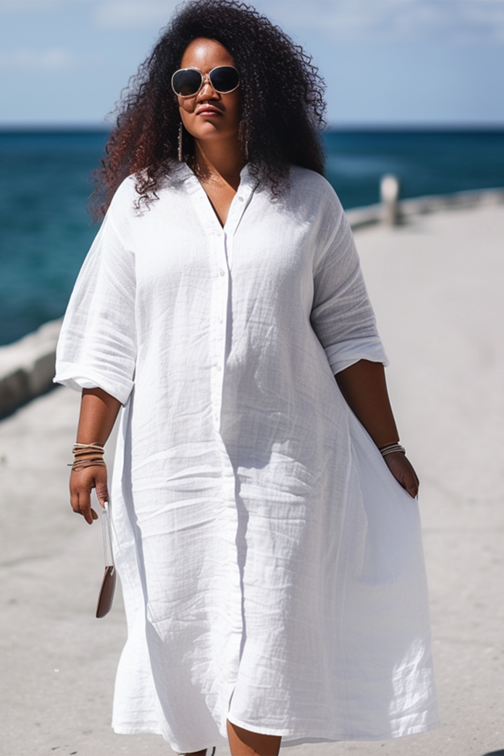 Design Plus Size White Beach Single Breasted Long Sleeve Shirtdress Linen Midi Dress [Pre-Order]