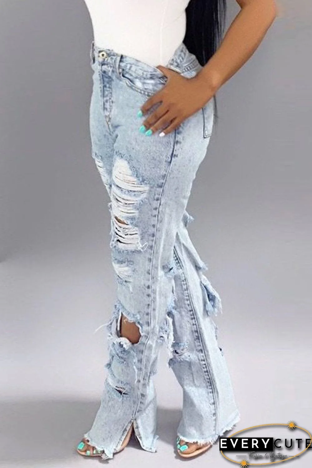 Hole Distressed Denim Slit Jeans