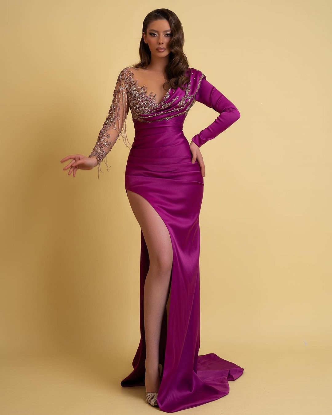 Long sleeve on sale purple prom dress