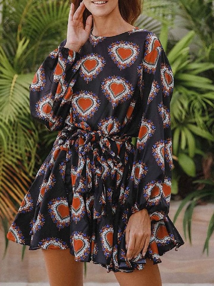 Hand-woven Belt Lantern Sleeve Printed Dress | EGEMISS