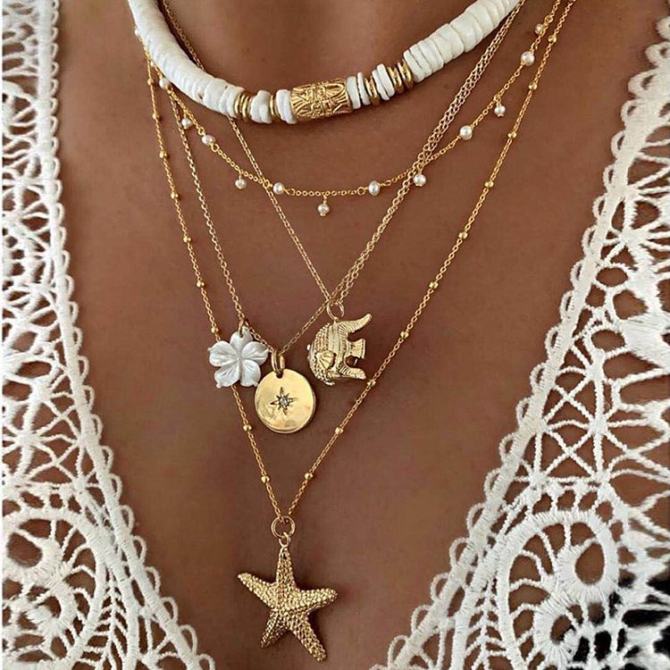 Starfish Elephant Floral Layered Necklace Set