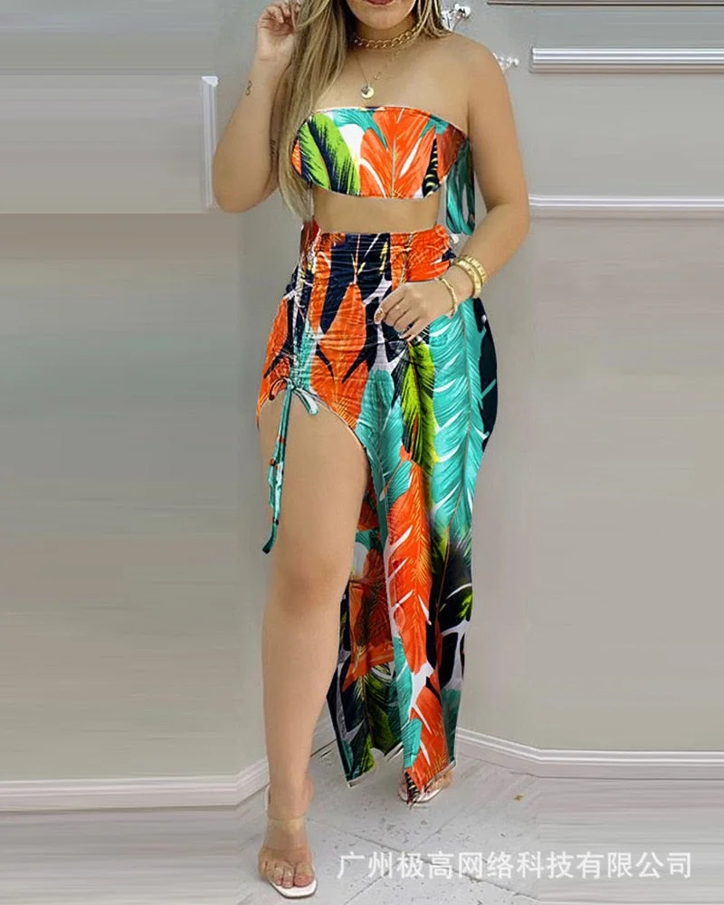 Women's 2021 new tube top pleated two-piece skirt