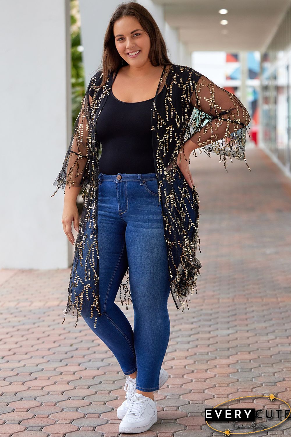 Black 3/4 Bell Sleeve Sequin Sheer Kimono