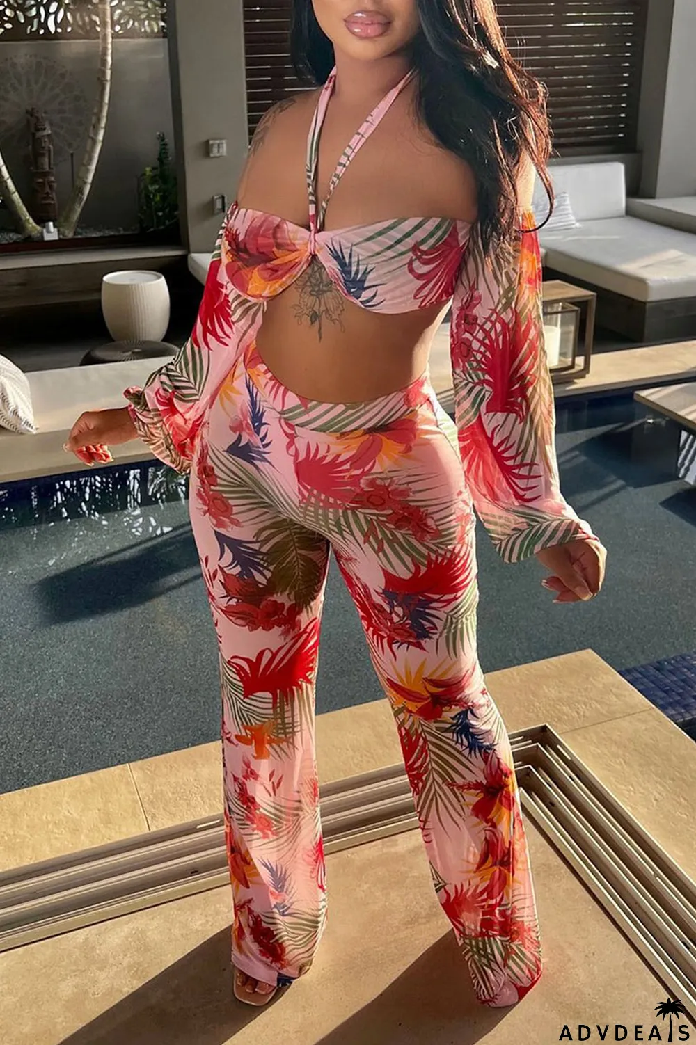 Pink Sexy Print Split Joint Halter Long Sleeve Two Pieces