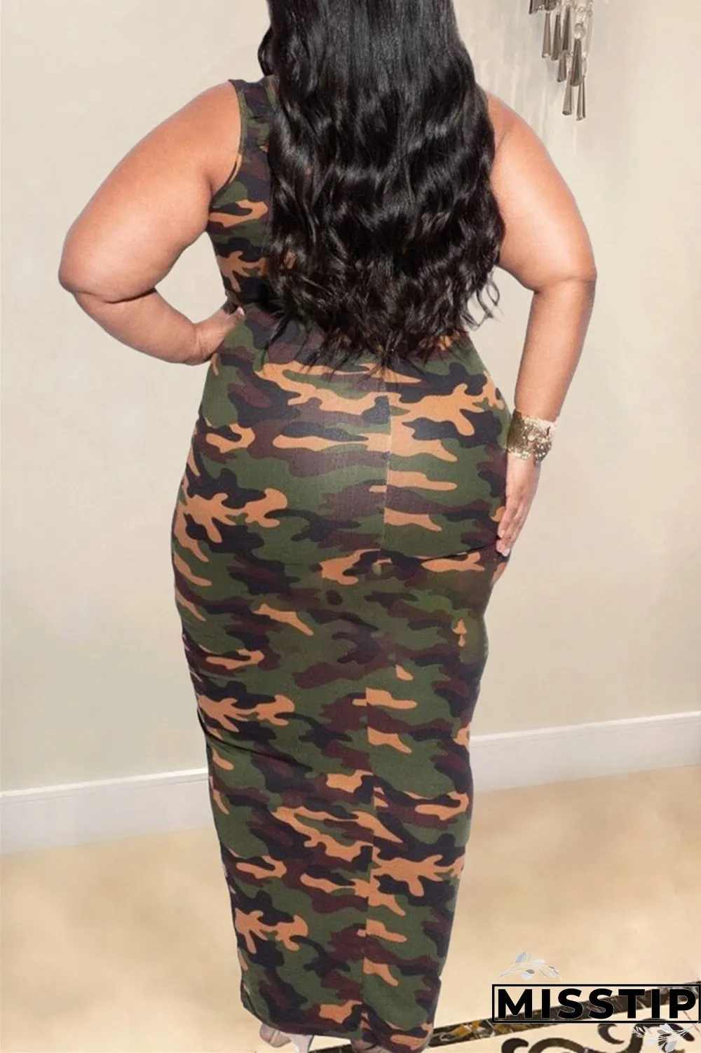 Camouflage Fashion Casual Plus Size Print Patchwork U Neck Vest Dress