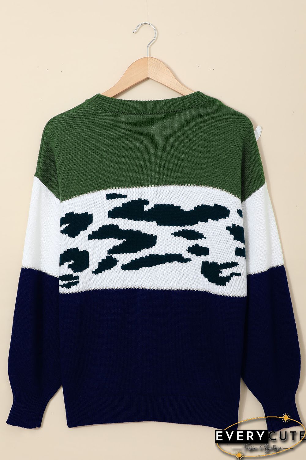 Green Color Block Leopard Splicing Sweater