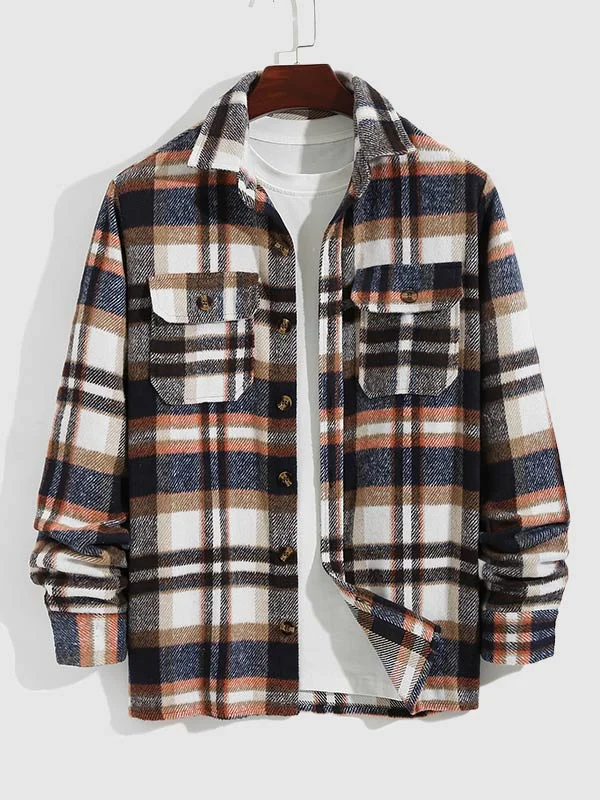 Men's vintage plaid thickened wool blend double pocket lapel jacket