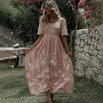 Women's Floral Art Flowy Linen Blend Casual Short Sleeve Maxi Dress - Image 2