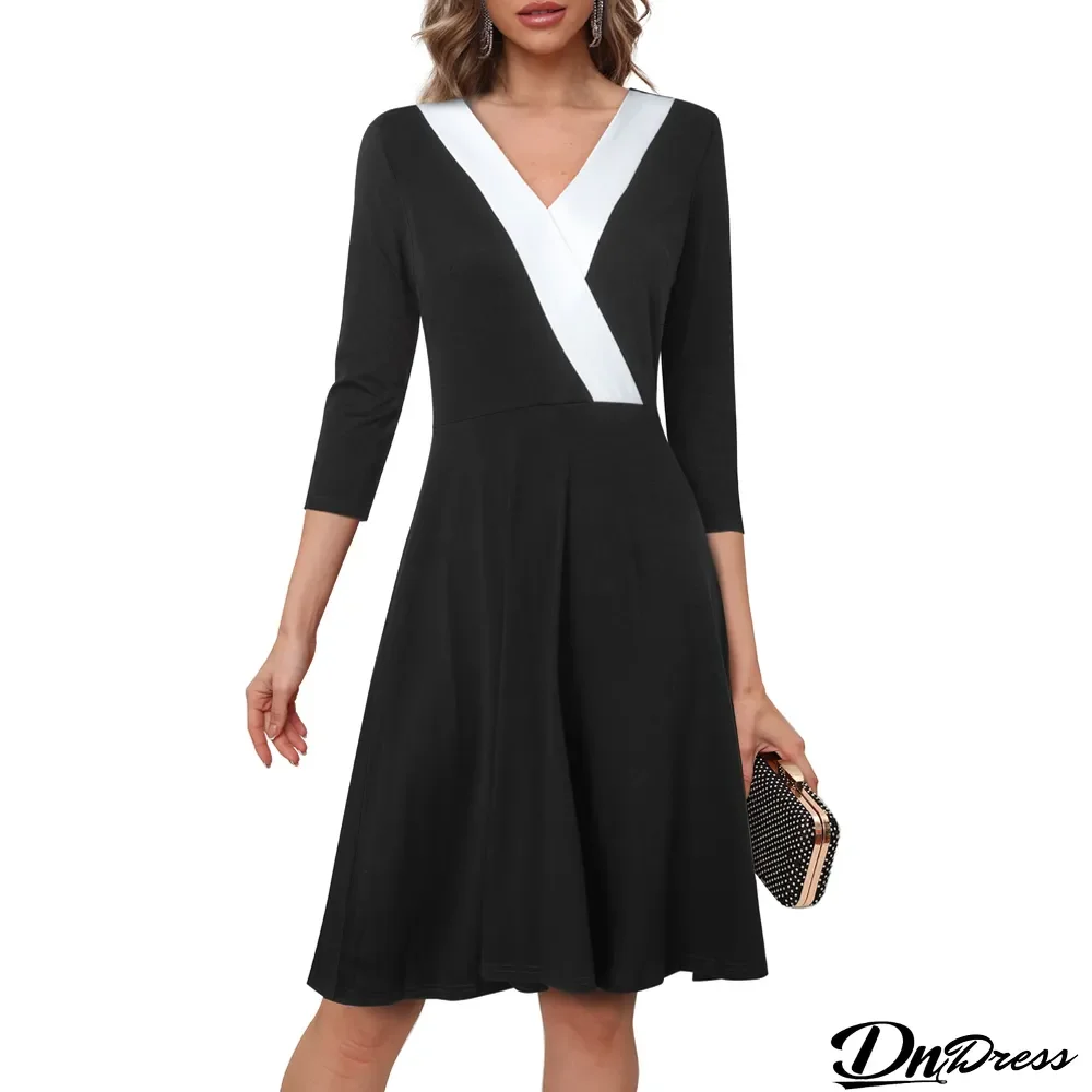 Mid Waist V Neck Color Block Zip Chic Career Fashionable Women Comfort Casual Dress