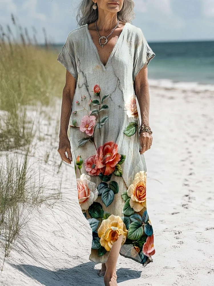 Women's Vintage Floral Art Print Pocket Cotton Dress