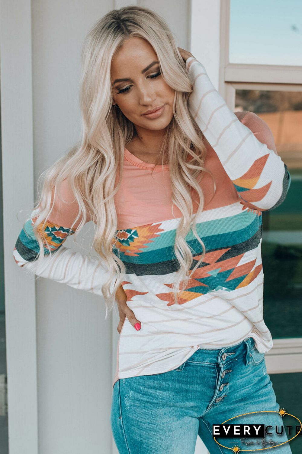 Pink Aztec Stripe Color Block Slim Fit Long Sleeve Top