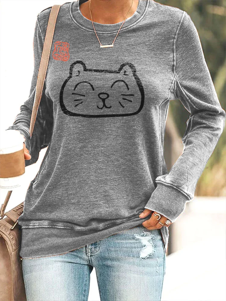 Japanese Art Cat Print Slim Casual Sweatshirt