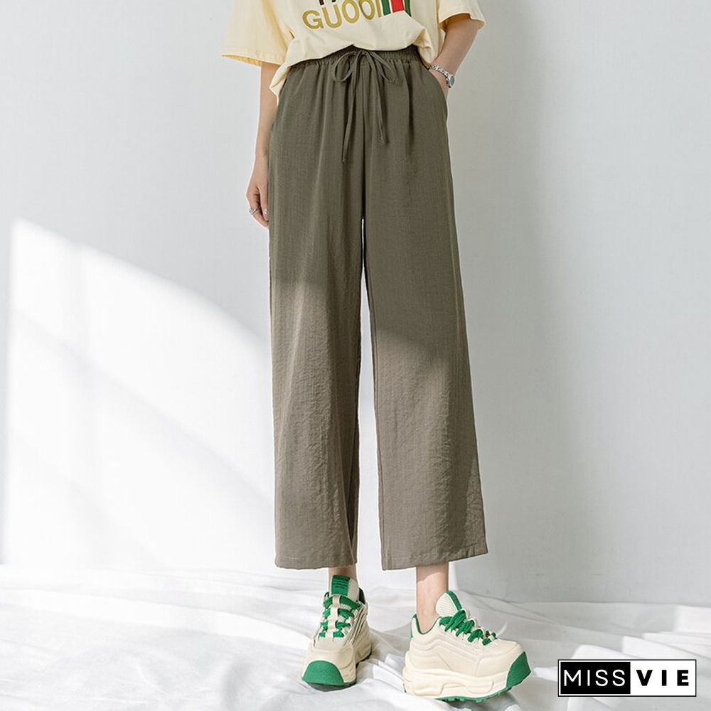 Chic Streetwear Women Y2k Cotton Linen Wide Leg Pants Summer Elastic Waist Ankle-length Pants Lace Up Harajuku Casual Pants