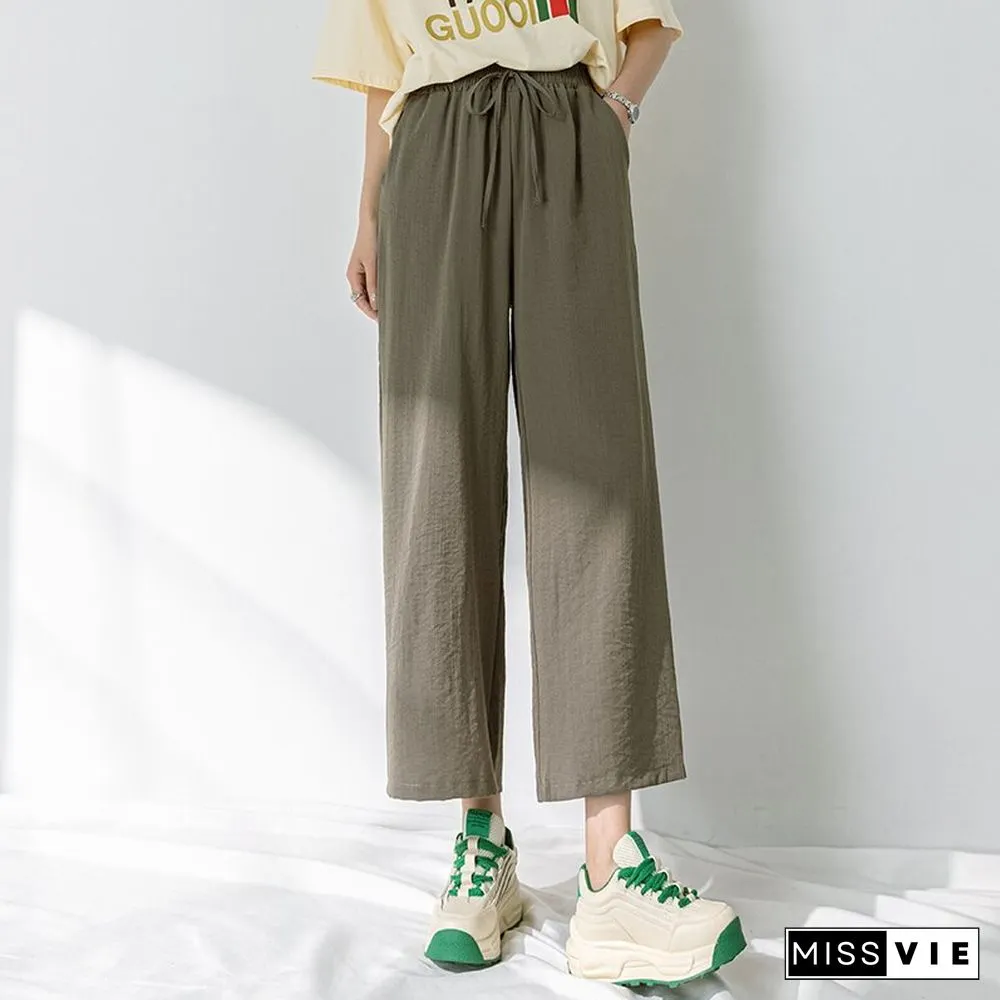Chic Streetwear Women Y2k Cotton Linen Wide Leg Pants Summer Elastic Waist Ankle-length Pants Lace Up Harajuku Casual Pants