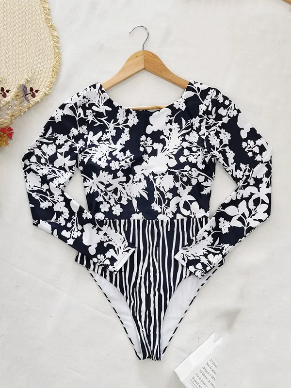 Long Sleeve Floral-Print Backless Wetsuit