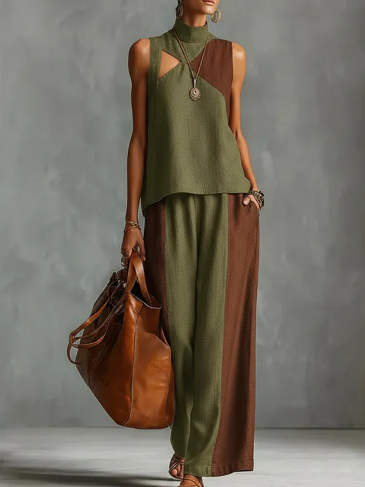 Artistic Color-blocked Cozy Linen Cotton Two-piece Set