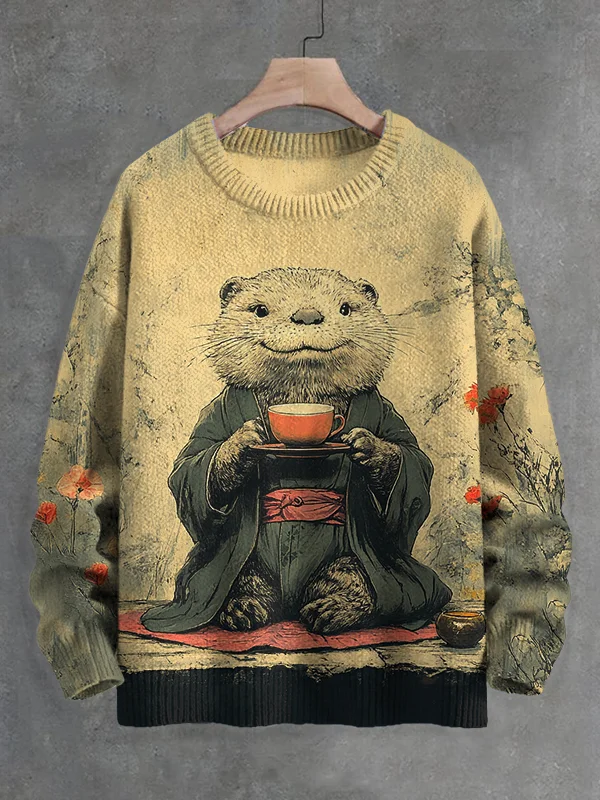 Men's Elegant Kimono Otter Tasting Tea Japanese Art Print Knit Sweatshirt