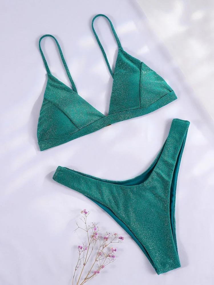 Shiny Bikinis Swimwear Women 2022 Summer Bikini Set String Swimsuit Micro Thong Two Piece Suits Halter Beachwear Sexy Bath Suits
