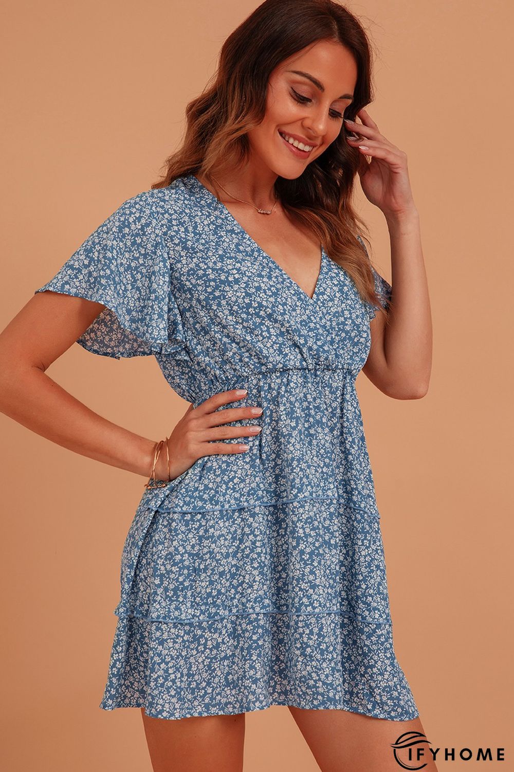 Blue Sweet V Neck Silk-Chiffon Weaving Dress | IFYHOME