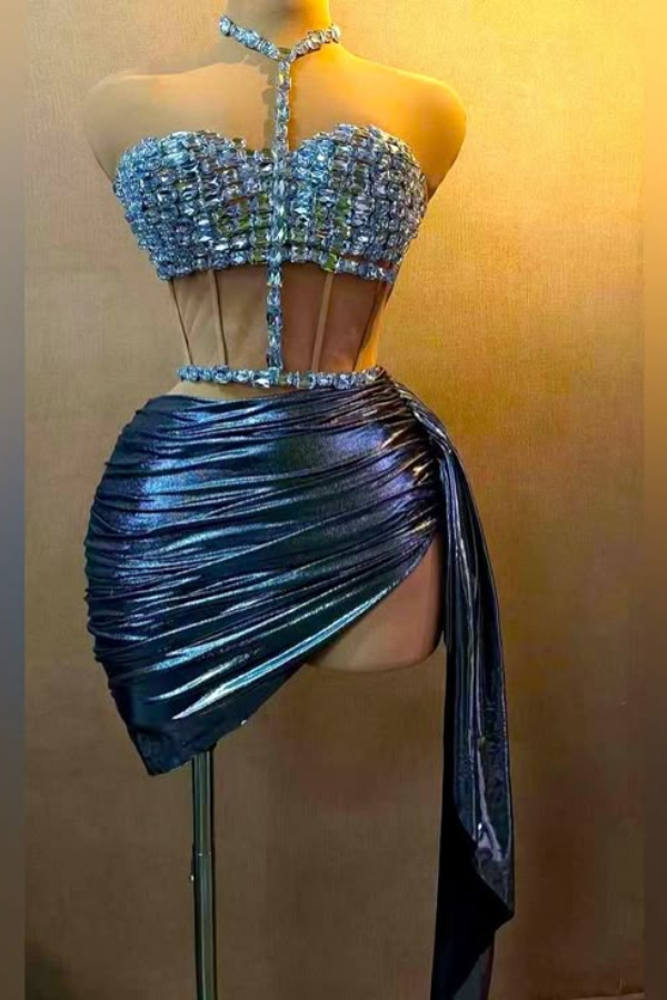  Sexy Dusty Blue Halter Sweetheart Homecoming Dress Pleated with Rhinestone - Ohprom