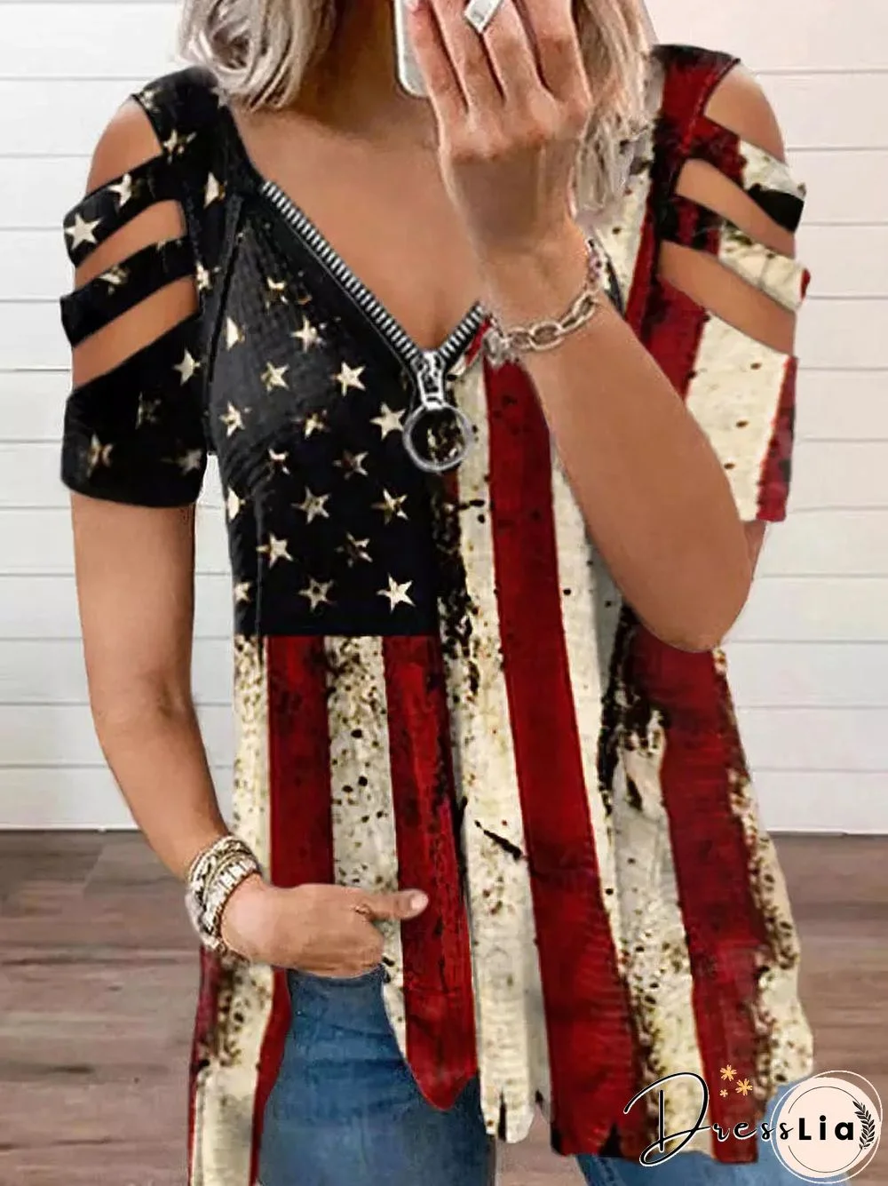 New American Flag Star Striped Zipper Collar Blouse Cop Top Ropa Mujer AnimeY2k Clothes Tops Roupas Femininas T Shirt