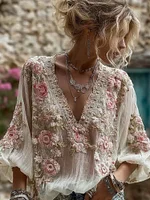 Women's Pink Floral Embroidery V-neck Linen Blend T-shirt