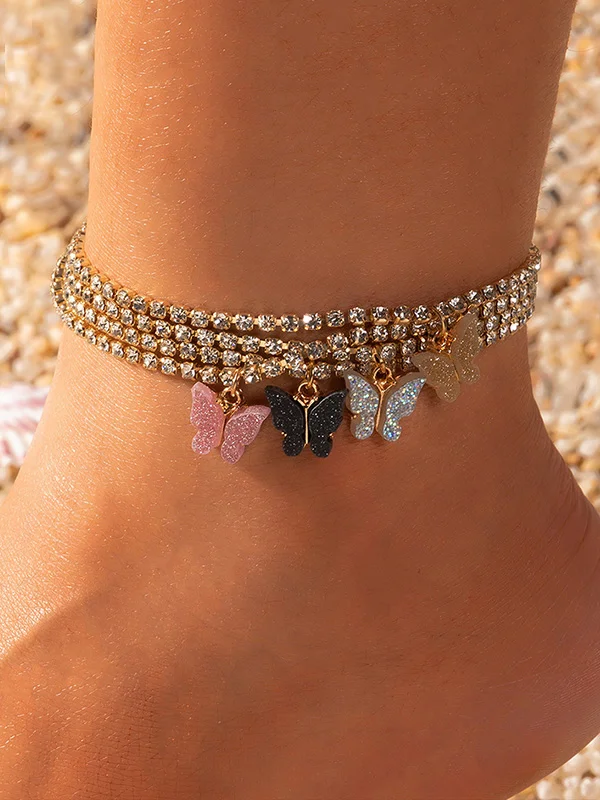 Original Rhinestone Contrast Color Butterfly Pendant Anklets
