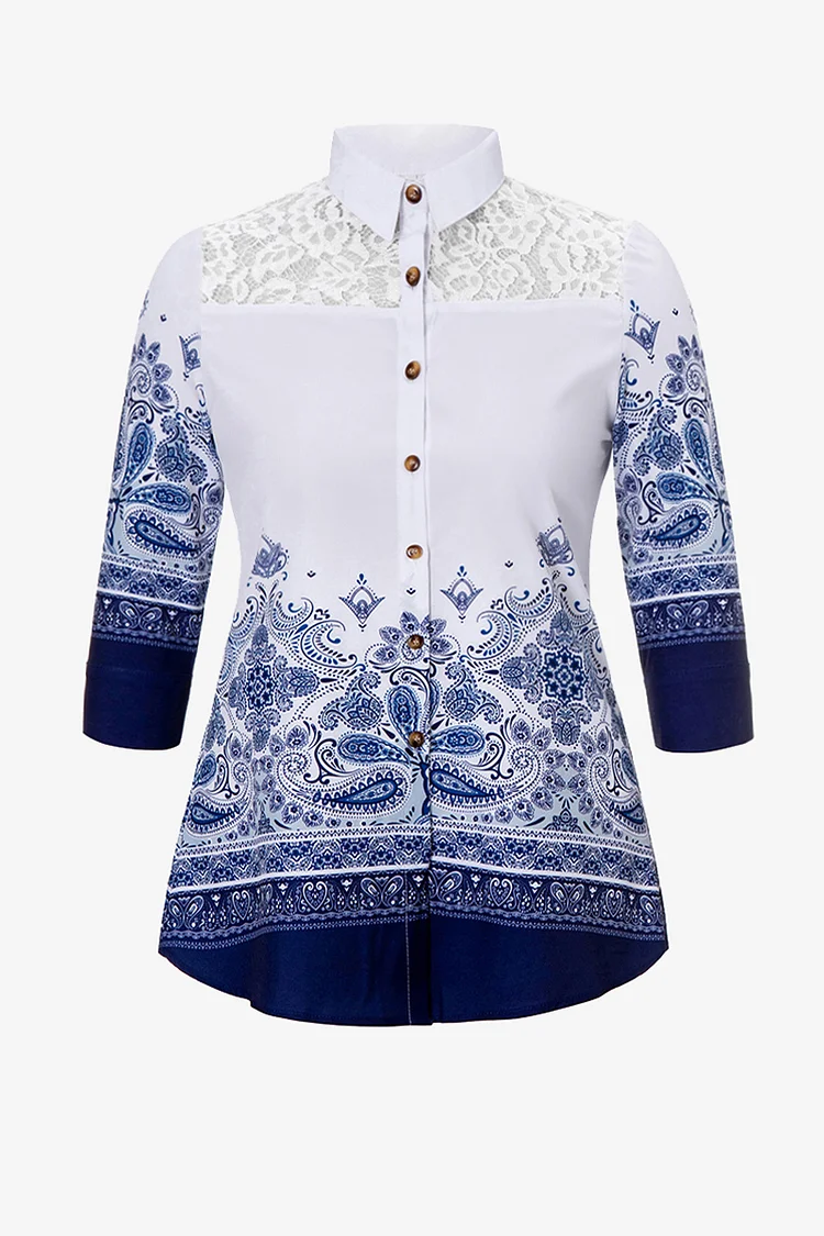 Plus Size Tribal Print Lace Stitching Button Up Blouse  Flycurvy [product_label]