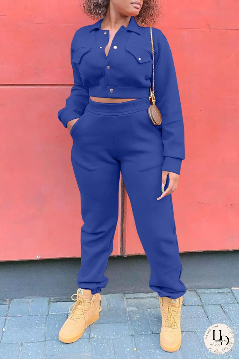 Blue Casual Solid Split Joint Pocket Buckle Turndown Collar Long Sleeve Two Pieces