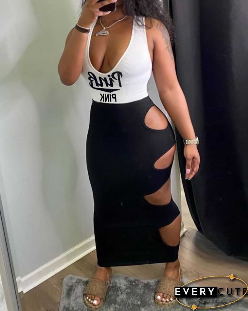 Letter Print Ladder Cutout Colorblock Maxi Dress