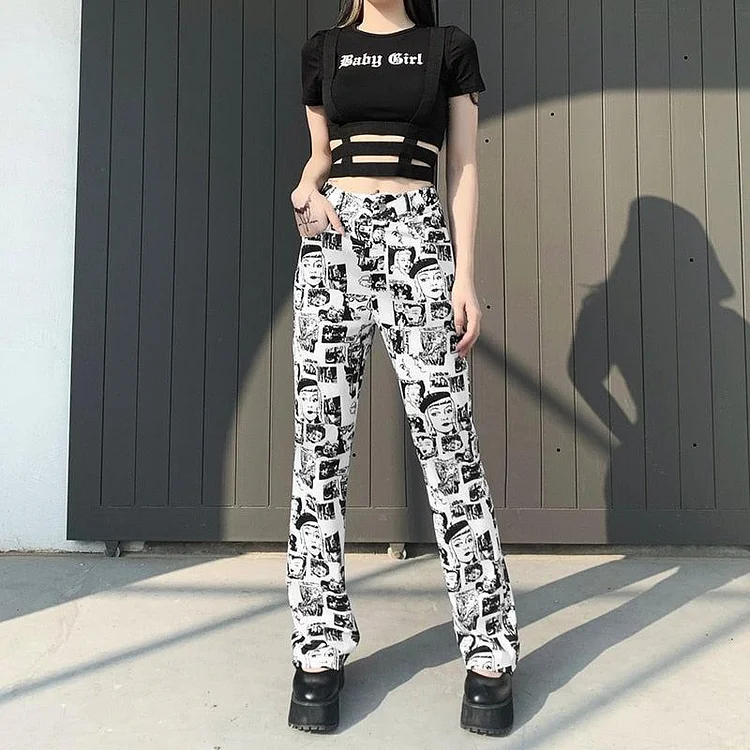 PUNK ROCK FACE PATTERN HIGH WAIST BLACK PANTS