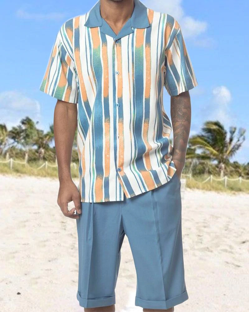 Two Piece Short Sleeve Print Walking Suit Set With Shorts