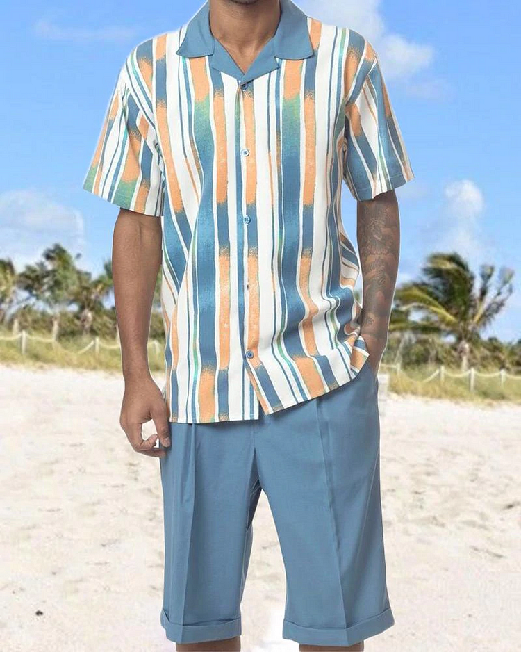 Two Piece Short Sleeve Print Walking Suit Set With Shorts