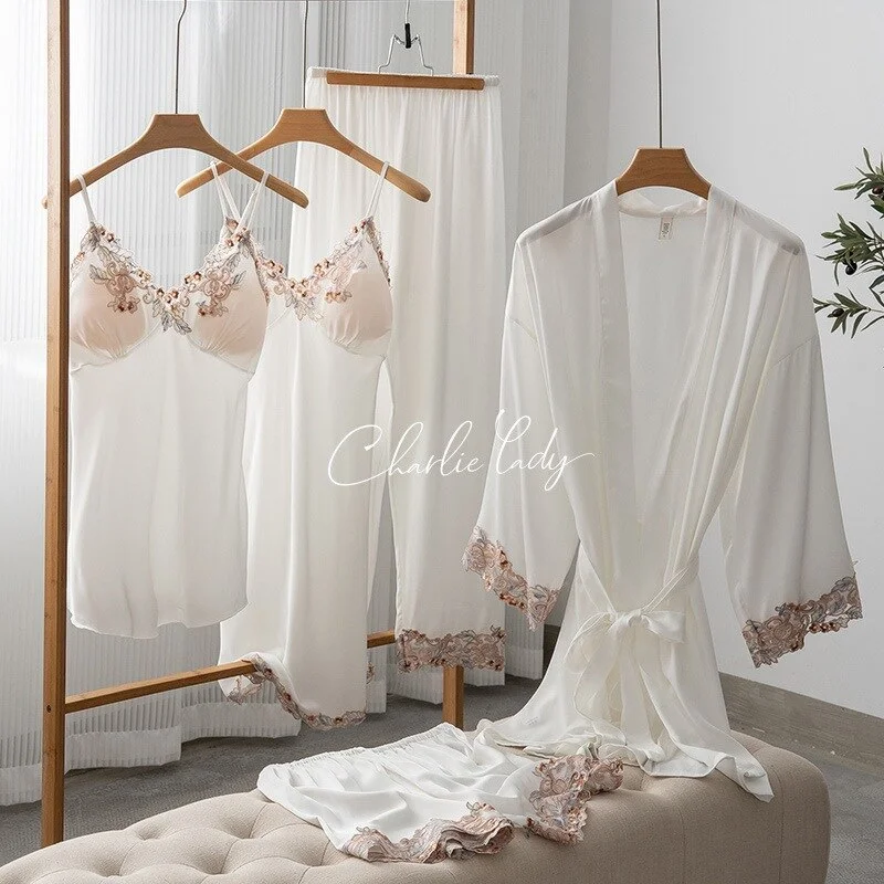 Female Pajamas Five Piece Set Spring Summer Satin Sleepwear Kimono Bathrobe Nightgown  Lace Trim Nightwear Loose Homewear