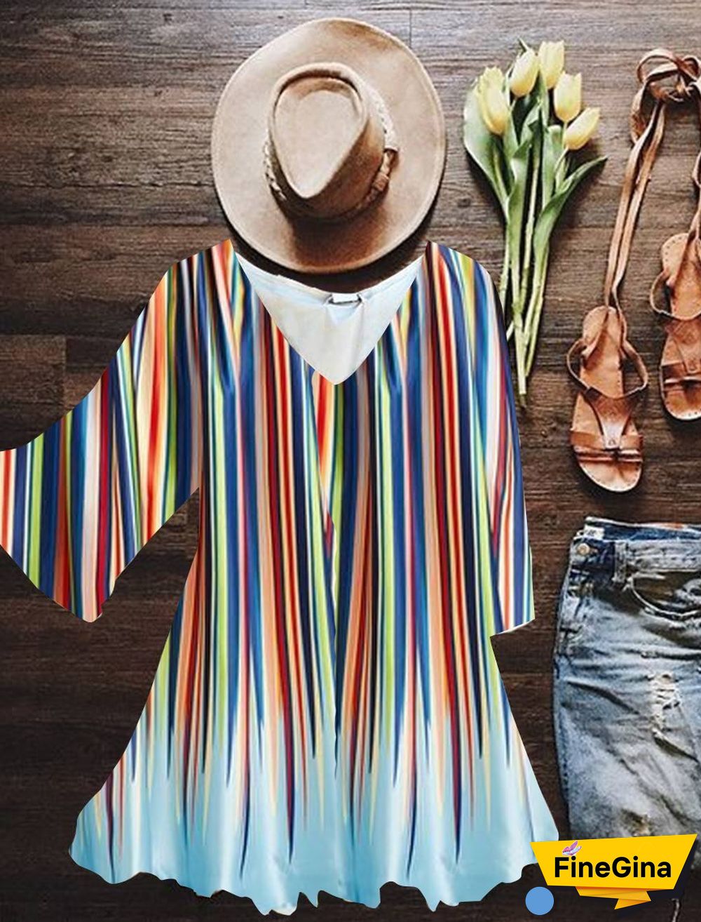 Women Half Sleeve V-neck Striped Printed Tops Dress