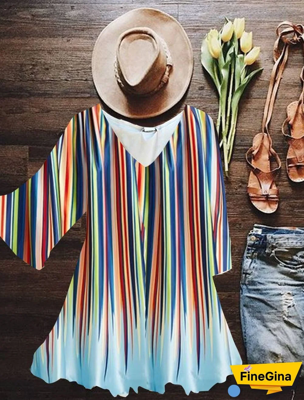 Women Half Sleeve V-neck Striped Printed Tops Dress