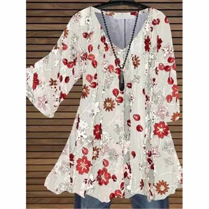 Floral Print Women's Flared Sleeve V-Neck Short Sleeve Top